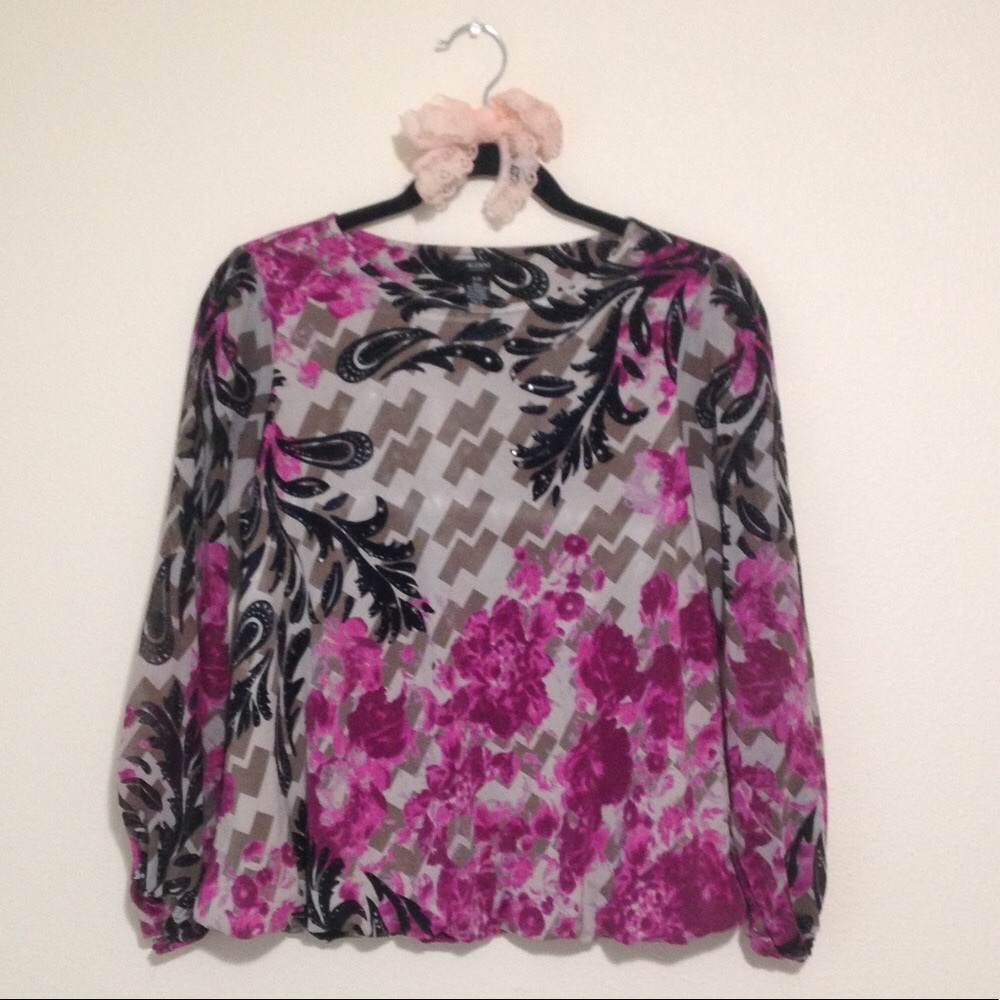 ALFANI Fuchsia, Magenta, Pink & Black Floral Blouse Top with Rhinestones